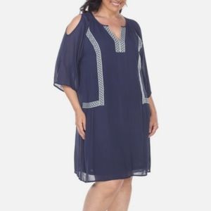 White Mark Size 3X Navy Blue V-Neck Embroidered Crinkle Gauzy Dress NEW Boutique